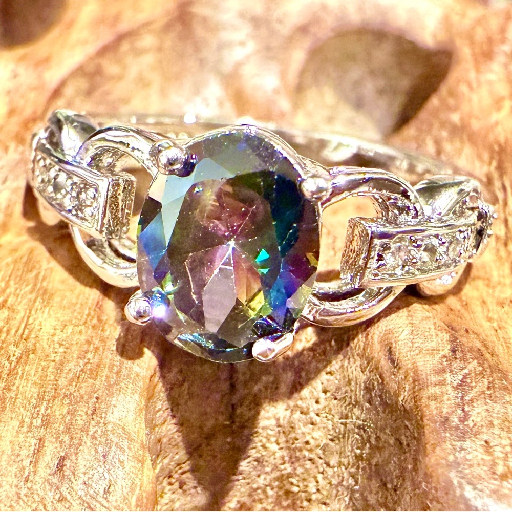 Mystic Topaz Stone Sterling Silver 925 Ring with Clear Stones Size 9
